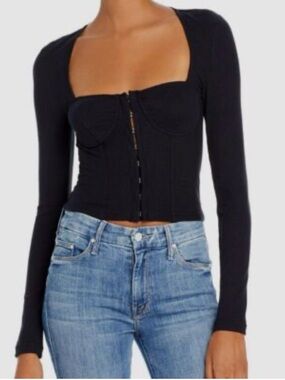 Jonathan Simkhai Black Long-Sleeve Corset Zip Crop Top